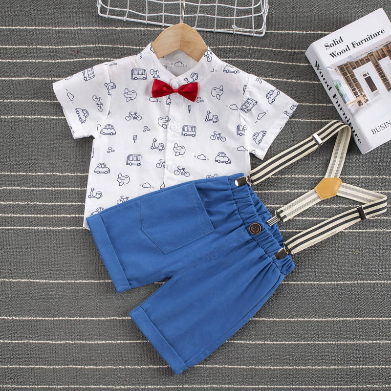 Baby Boy Printed Shirt Suspender Pant Bow Outfit Code No 5330